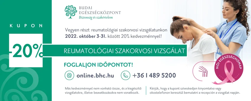 20% kedvezmény reumatológiai szakorvosi vizsgálatra a Budai Egészségközpontban