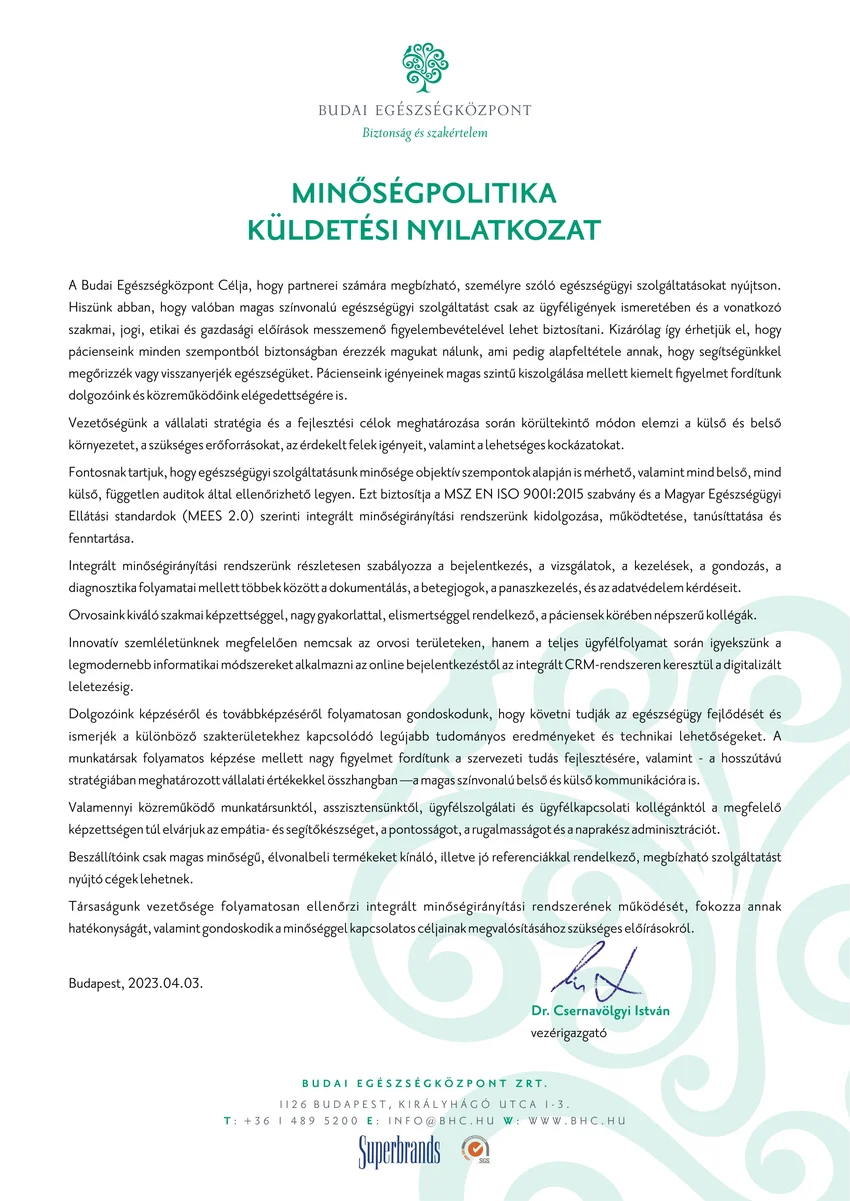 Minőségpolitika küldetési nyilatkozat 2023 - Budai Egészségközpont